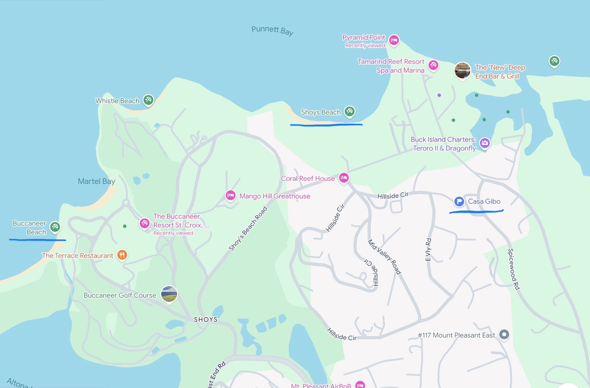 Map of the Shoys neighborhood showing Casa Gibo's location relative to Shoys Beach, Buccaneer Beach, and The Buccaneer Resort